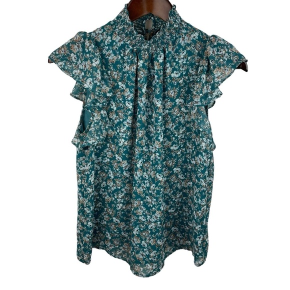 1.State | Green Floral High Neck Chiffon Top - Picture 1 of 7